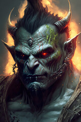 Scary orc warrior with glowing eyes, ready for war.