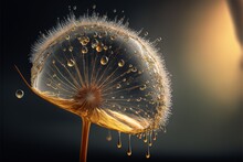  A Dandelion With Drops Of Water On It's Top And A Black Background With A Yellow Light In The Background And A Black Background.  Generative Ai