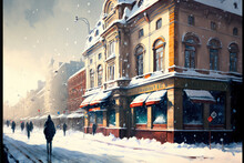 On A Winter Snowy Day, People Walk Along The Streets Of The Old Arbat In Moscow