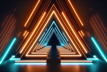 Wall Mural - Technological abstract neon triangular tunnel. looping cartoonish backdrop. trendy neon lamp. bold neon markings. loop Generative AI