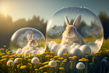 Two rabbits, one inside a transparent bubble, amidst a meadow of dandelions and white eggs, bathed in the soft light of a setting sun.Happy Easter. Generative AI