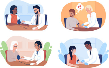 Wall Mural - Medical tests for patients 2D raster isolated illustrations set. Doctors and patients flat characters on cartoon background. Medicine colourful scene for mobile, website, presentation collection