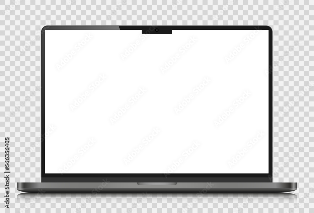 Laptop layout with reflection on a transparent background. A realistic laptop with a dark silver case and a white screen. Vector EPS 10.