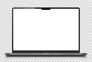 Laptop layout with reflection on a transparent background. A realistic laptop with a dark silver case and a white screen. Vector EPS 10.