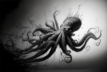  A Black And White Photo Of An Octopus In The Water With Its Tentacles Stretched Out To The Side Of The Picture, With A Black And White Background.  Generative Ai