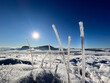 Frozen blades of grass in front of beautiful snowy winter landscape in the Swabian Alps