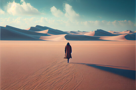 beautiful abstract surreal illustration of a person walking alone in a deserted landscape.