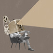 © master1305 - Contemporary art collage. Creative design. Movie time. Retro film player on male body sitting on chair and broadcasting movie. Concept of surrealism, creativity, retro style, imagination