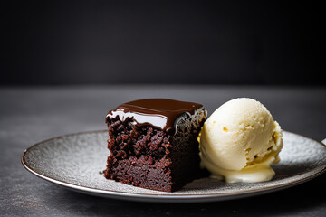 Wall Mural - A mouthwatering chocolate brownie in close up macro with vanilla ice cream, dark chocolate sauce, and a black background.