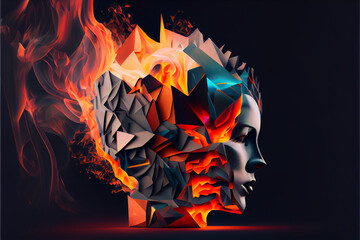 Aufkleber - Beautiful abstract surreal geometric head of a burning concept, contemporary colors and mood social background.	
