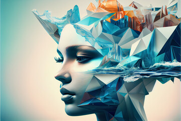 Leinwandbilder - Beautiful abstract surreal geometric head of a water concept, contemporary colors and mood social background.	