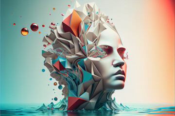 Leinwandbilder - Beautiful abstract surreal geometric head of a water concept, contemporary colors and mood social background.	