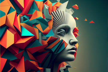 Aufkleber - Beautiful abstract surreal geometric head  concept, contemporary colors and mood social background.	