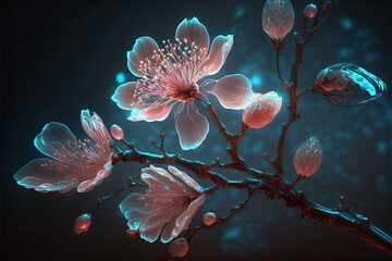 Wall Mural - beautiful spectral light pink peach blossom branch , the petals are flashing blue light , background, drop reflection light , reflection, bright , super clear , transparent metal armor, generative ai