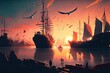 A bustling harbor with ships sailing in and out, seagulls flying overhead, and a colorful sunset  generative ai,