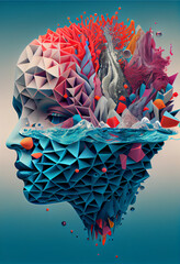Leinwandbilder - Beautiful abstract surreal geometric head of a water concept, contemporary colors and mood social background.	