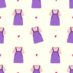 Seamless pattern  with cute women's sundress. Romantic design. Casual wear, street style. Vector cartoon illustration