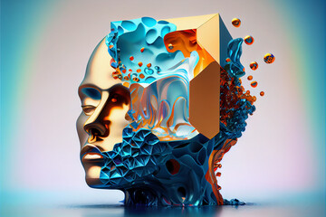 Leinwandbilder - Beautiful abstract surreal geometric head of a water concept, contemporary colors and mood social background.	