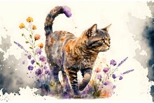 Cat Walking In The Flowers. Outdoor. Watercolors Background. Generative AI