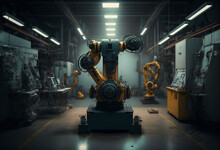 Workshop With Robotic Arms, Abstract Fictitious Artificial Intelligence Assists With Production In A Workshop Or Factory Floor