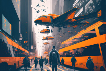 infrastructure of a fictional city, abstract metropolis with air taxis and hovering buses, crowds of people on the street, drones in the air