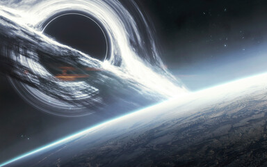 Wall Mural - 3d illustration of huge black hole warps space around. 5k realistic science fiction art. elements of