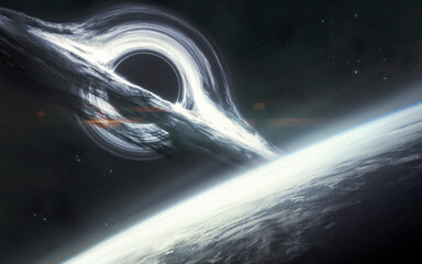 Wall Mural - 3d illustration of black hole absorbing light in deep space. 5k realistic science fiction art. eleme