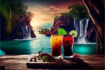 Poster - A couple of exotic cocktails by a tropical lagoon with a waterfall, generative AI