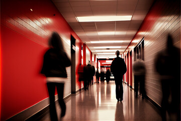 Wall Mural - blurred motion people walking on a high school hallway, generative AI