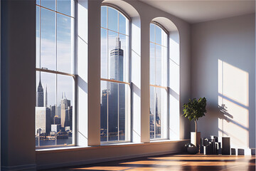 empty apartment room with magnificent view to new york skyline, generative ai