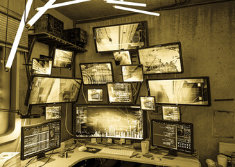 close up on workstation in the hacker room background