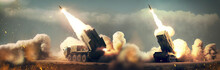 Panoramic View Of A Generic Military Battalion Defense System Shooting Missiles During A Special Operation, Wide Poster Design With Copy Space Area