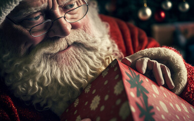  santa claus goes to great lengths to wrap a christmas present. give with love