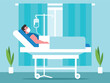 © Vectors - Intravenous therapy. Man on a dropper lying on a hospital gurney in front of a window. Vector graphics