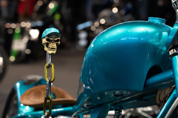 Custom bike expo. modified motorcycles and tuning. Handmade decorations on helmets and motorcycles.