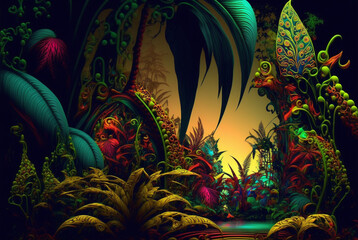 fantasy world tropical jungle vivid colorful  epic design background,generative ai.