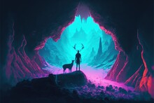 The Man With A Magic Lantern Facing The Giant Deer In A Mysterious Valley , Digital Art Style, Illustration Painting, Fantasy Concept Of A Man Near The Magic Deer