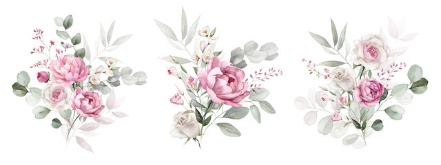 Wall Mural - Watercolor floral bouquet set with green leaves, pink peach blush white flowers, leaf branches, for wedding invitations, greetings, wallpapers, fashion, prints. Eucalyptus, olive, rose, peony.