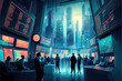 © FrankBoston - Colorful illustration of a dynamic stock exchange with traders and brokers in action, generative AI