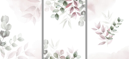 Wall Mural - Watercolor floral illustration set bouquet, border, frame with green pink blush leaf branches, for wedding invitations, greetings, wallpapers, fashion, prints. Eucalyptus, olive green leaves, rose.