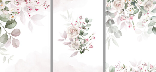 Wall Mural - Watercolor floral illustration set bouquet, border, frame - green leaves, pink peach blush white flowers branches. Wedding invitations, greetings, wallpapers, fashion, prints. Eucalyptus, olive, peony