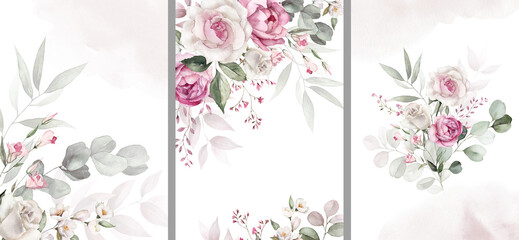 Wall Mural - Watercolor floral illustration set bouquet, border, frame - green leaves, pink peach blush white flowers branches. Wedding invitations, greetings, wallpapers, fashion, prints. Eucalyptus, olive, peony
