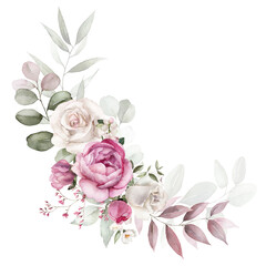 Wall Mural - Watercolor floral bouquet with green leaves, pink peach blush white flowers leaf branches, for wedding invitations, greetings, wallpapers, fashion, prints. Eucalyptus, olive green leaves, rose, peony.