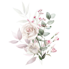 Wall Mural - Watercolor floral bouquet with green leaves, pink peach blush white flowers leaf branches, for wedding invitations, greetings, wallpapers, fashion, prints. Eucalyptus, olive green leaves, rose, peony.