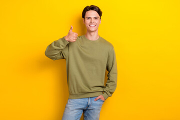 Poster - Photo of positive glad person demonstrate thumb up approval isolated on yellow color background