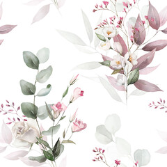 Wall Mural - Watercolor floral seamless pattern with green leaves, pink peach blush white flowers, leaf branches. Wedding invitations, backgrounds, wallpapers, fashion, prints, fabric. Eucalyptus, rose, peony.