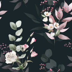 Wall Mural - Watercolor floral seamless pattern with green leaves pink peach blush white flowers leaf branches on black background. Wedding invitations, wallpapers, fashion, prints, fabric. Eucalyptus, rose, peony