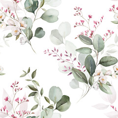Wall Mural - Watercolor floral seamless pattern with green leaves, pink peach blush white flowers, leaf branches. Wedding invitations, backgrounds, wallpapers, fashion, prints, fabric. Eucalyptus, rose, peony.