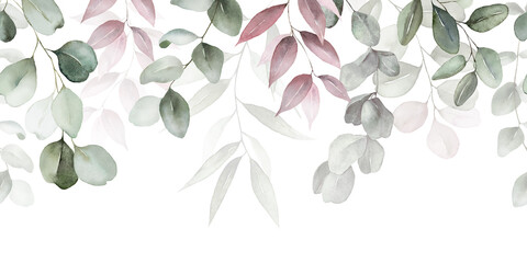 Wall Mural - Watercolor floral seamless border with green pink peach blush leaves, leaf branches. For wedding invitations, greetings, wallpapers, fashion, prints. Eucalyptus, olive.