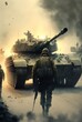 © Pajaros Volando - Soldier backview dejected walking towards war tank during war. Generative AI illustration